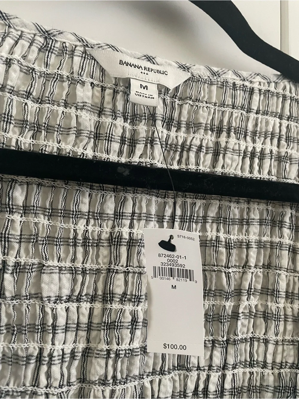 Banana Republic Black and White Gingham Smocked Square-Neck Blouse